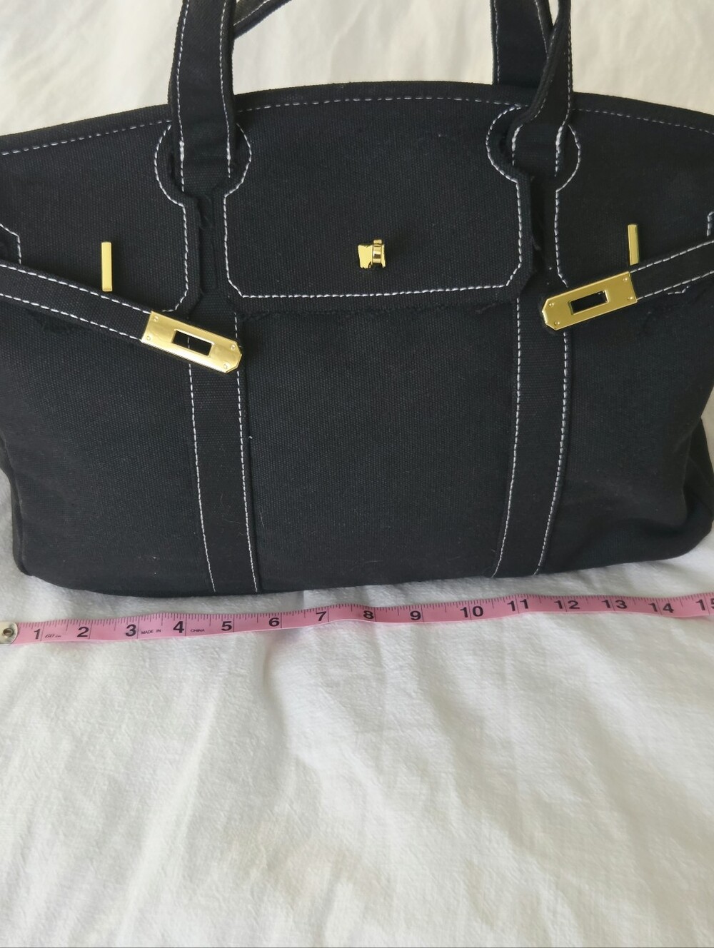 Black Canvas Boatkin Tote With White Stitching And Gold Hardware - Picture 9 of 16